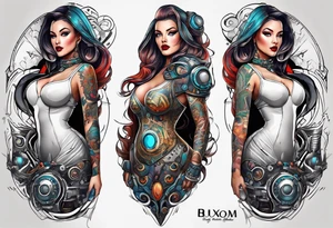 buxom model with full body, retro futuristic, travel and movies tattoo idea