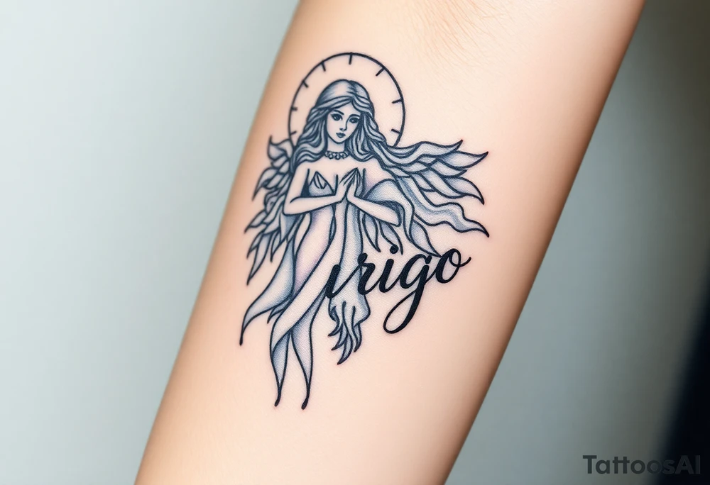 A celestial woman with glowing silver robe on her skin with word virgo tattoo idea
