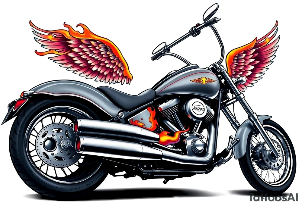 Low rider grey motorcycle, big muffler pipes with flames, angel wings tattoo idea