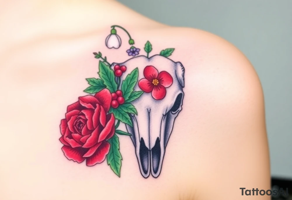 Buffalo or bison skull with flowers. Snow drop and red peony. Green holly with red berries, purple larkspur, red peony.  Colour. For upper arm or shoulder. tattoo idea