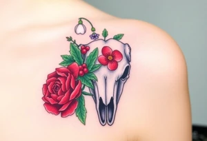 Buffalo or bison skull with flowers. Snow drop and red peony. Green holly with red berries, purple larkspur, red peony.  Colour. For upper arm or shoulder. tattoo idea