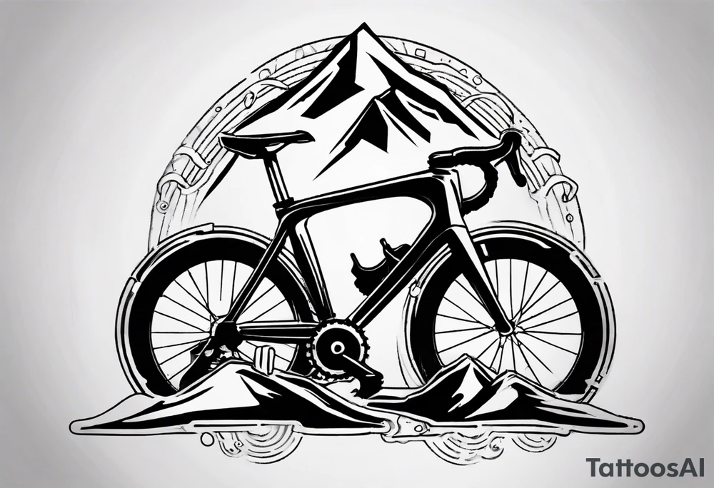 BMC road bicycle on a mountain placed on a dumbbell tattoo idea