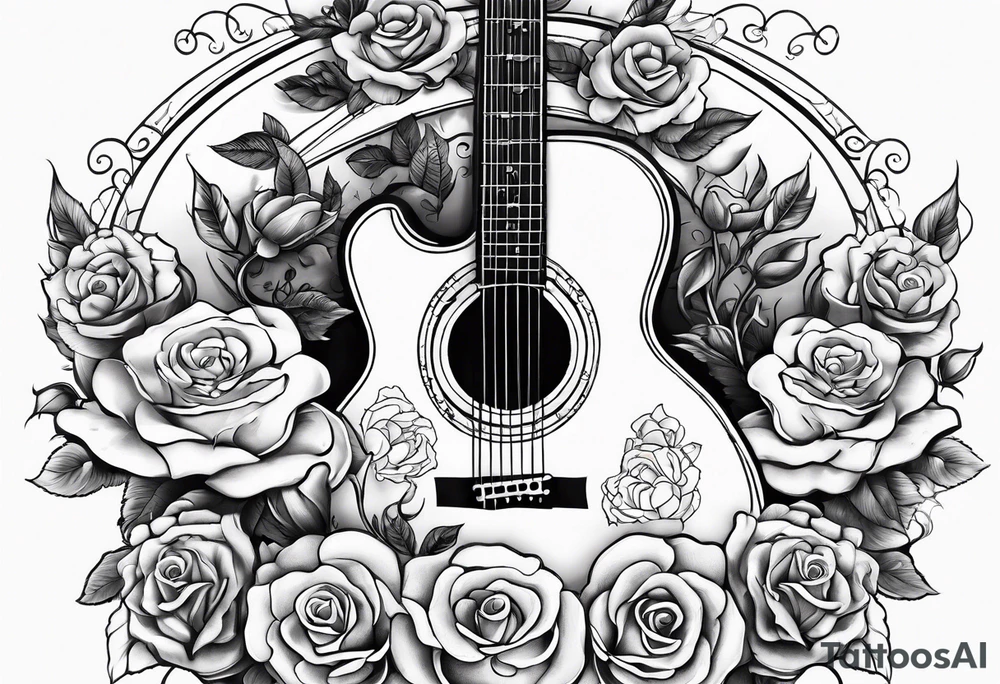 guitar piano and trumpet surrounded by clouds and roses tattoo idea