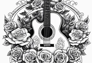 guitar piano and trumpet surrounded by clouds and roses tattoo idea
