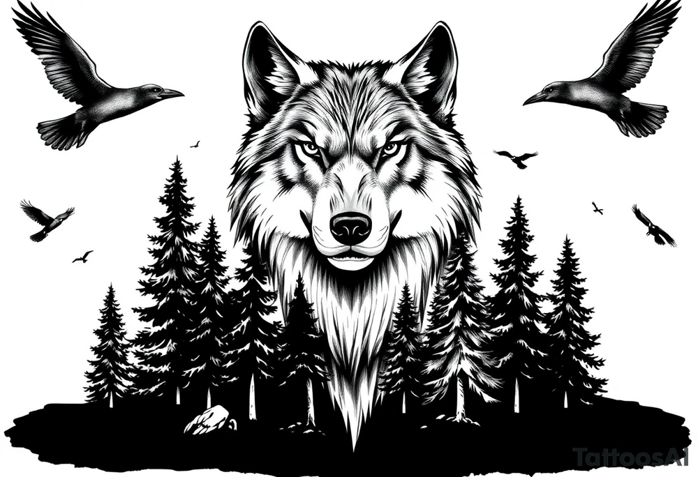 Wolf head surrounded by large pine trees growing from black ground and small ravens flying overhead tattoo idea