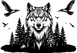 Wolf head surrounded by large pine trees growing from black ground and small ravens flying overhead tattoo idea
