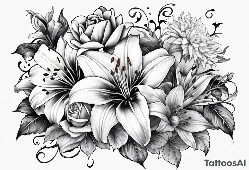 Lillies, roses, morning glories, chrysanthemums tattoo idea