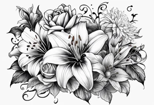 Lillies, roses, morning glories, chrysanthemums tattoo idea