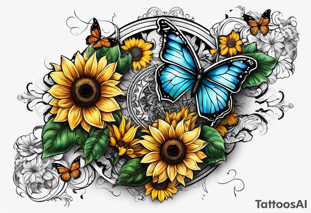 Arm sleeve with Winged cross with sunflower and butterflies tattoo idea