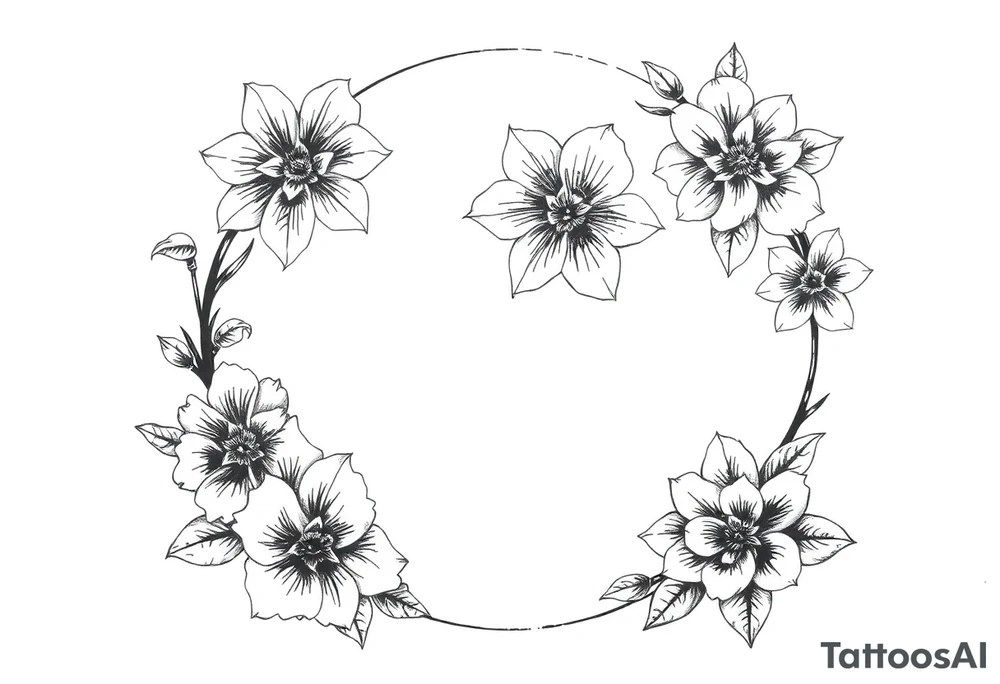 moon-shaped diferent flowers tattoo idea