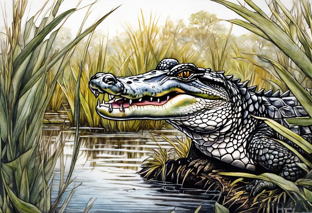 Scene live oak marsh birds alligator tattoo idea