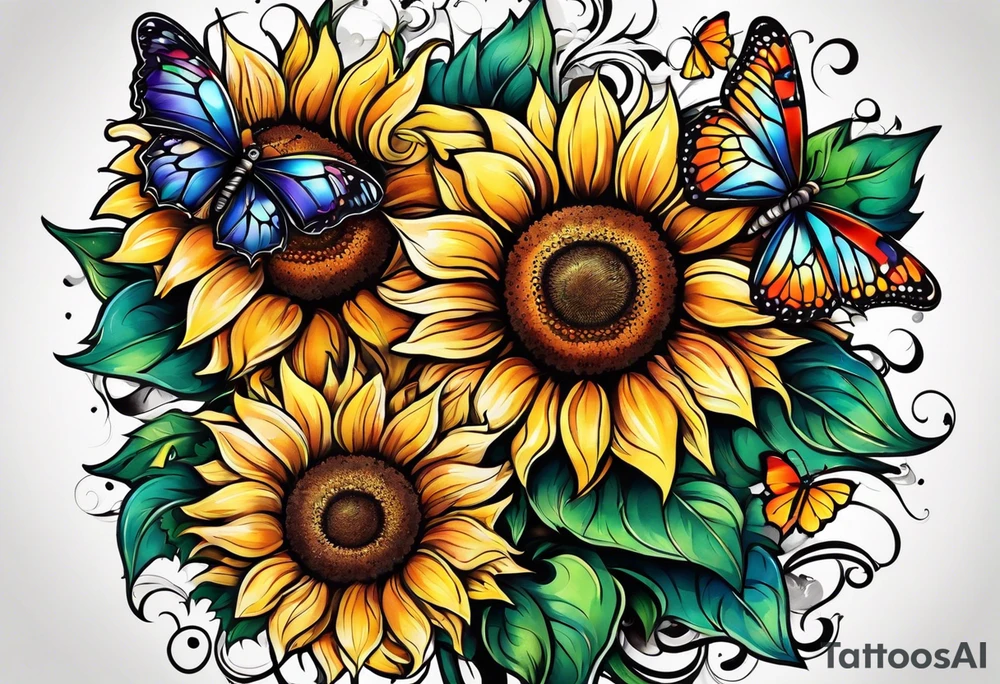 Multi color sunflowers with a butterfly and cross arm sleeve tattoo idea