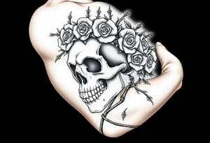 ornate skull adorned with crown of wild roses and thorns tattoo idea