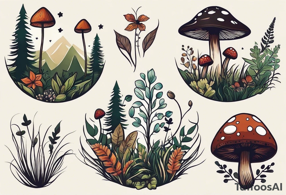 forest floor inspired minimalist tattoo, which includes grass, curly ferns, moss and dead leaves as the bulk of the tattoo. details to include: forest berries, a tiny bumblebee flying nearby, three small brown mushrooms
Generate a vertically long one tattoo idea