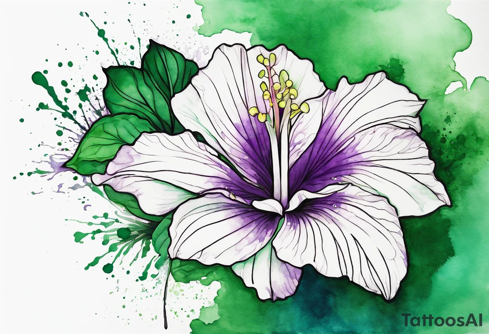 An outline of a green rio dipladenia flower and a green and purple watercolor splash in the background tattoo idea