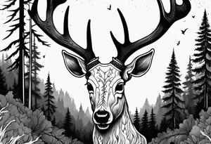 A side view of a frightening horror DECAYING deer skull JUST BONE surrounded by a forest fire in background tattoo idea