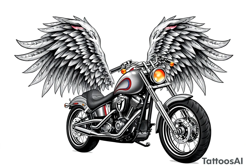 Low rider grey motorcycle, flames, angel wings tattoo idea