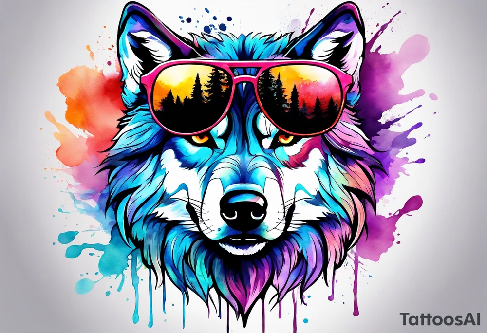 Watercolor wolf wearing sunglasses tattoo idea