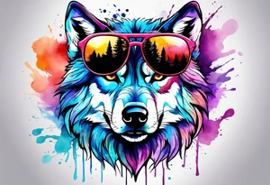 Watercolor wolf wearing sunglasses tattoo idea