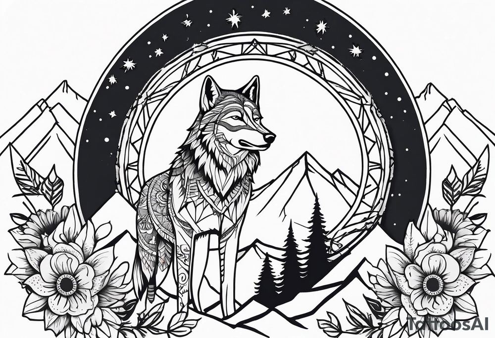 A whimsical wolf tattoo featuring mandala or dream catcher elements, with the wolf as the central focus, surrounded by mountains in the background. Include flowers and nature elements to fill the space around the wolf. Some color but not completely solid bold color tattoo idea