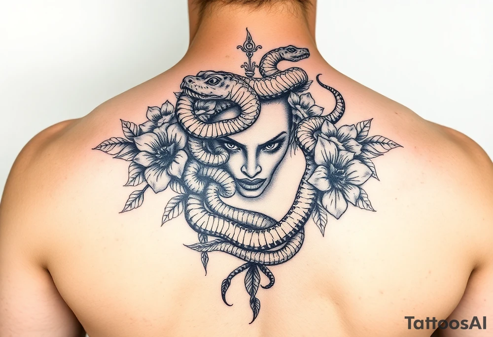 Medusa with snakes and flowers tattoo idea