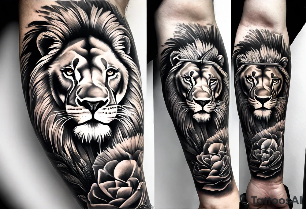 Full sleeve tattoo depicting a large lion with one blind eye with a scar going through the eye, protecting his lioness while they both also protect 6 lion cubs. Background should depict a safari scene tattoo idea
