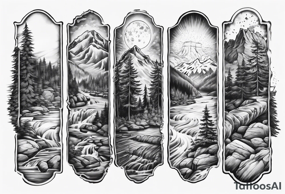 half arm sleeve with Pennsylvania keystone, eastern hemlock tree, mountains, and a river tattoo idea