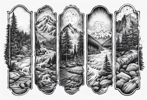 half arm sleeve with Pennsylvania keystone, eastern hemlock tree, mountains, and a river tattoo idea