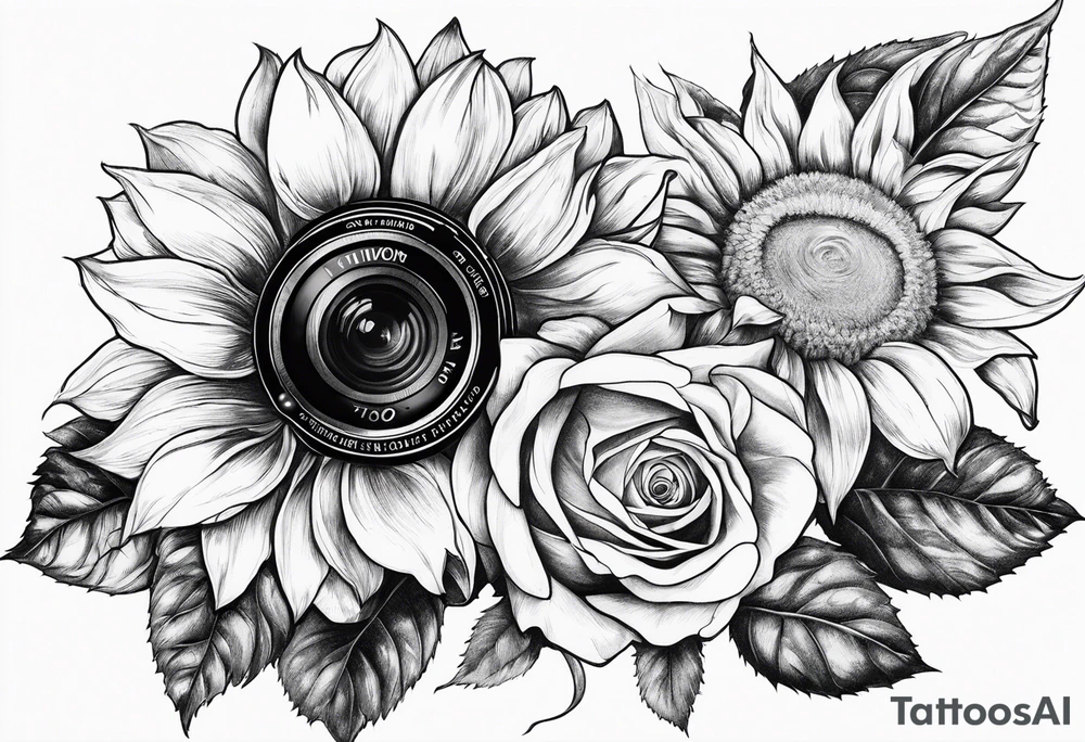 sunflower, camera, flower rose , book tattoo idea