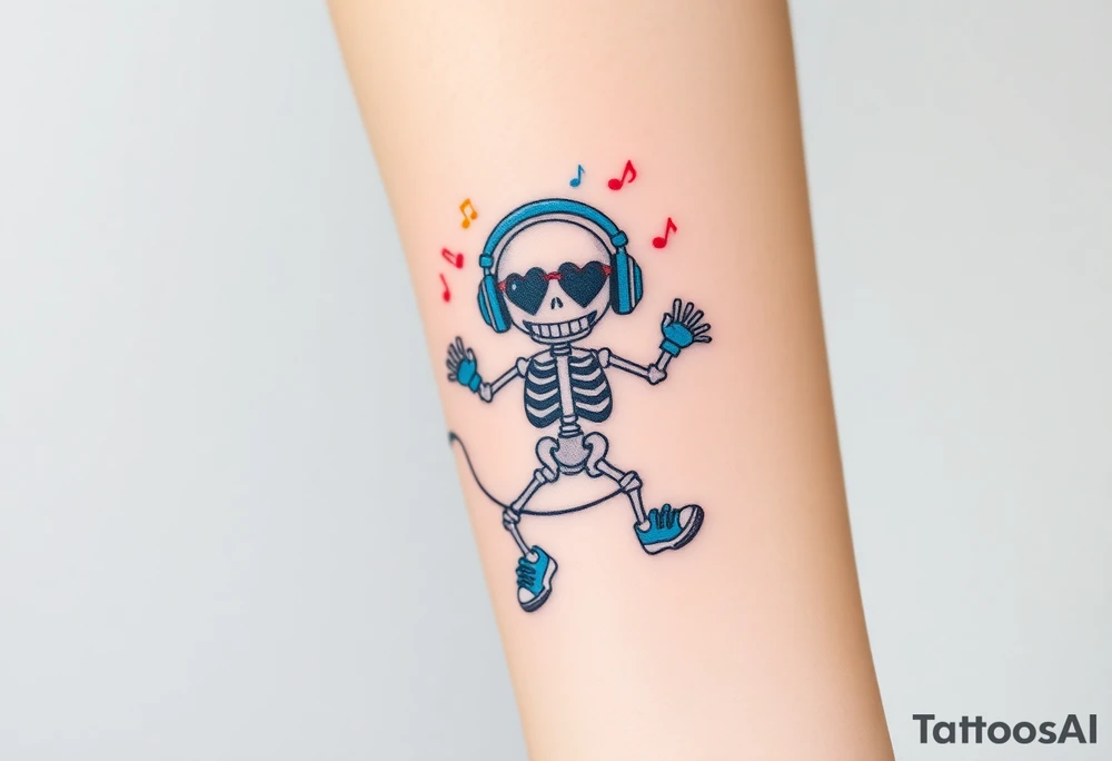 Cute smiley skeleton with heart shape eyes  jumping on a jump rope with both hands blue headphones blue armbands blue sneakers and colorful  music notes around his head tattoo idea