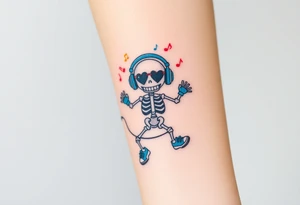 Cute smiley skeleton with heart shape eyes  jumping on a jump rope with both hands blue headphones blue armbands blue sneakers and colorful  music notes around his head tattoo idea