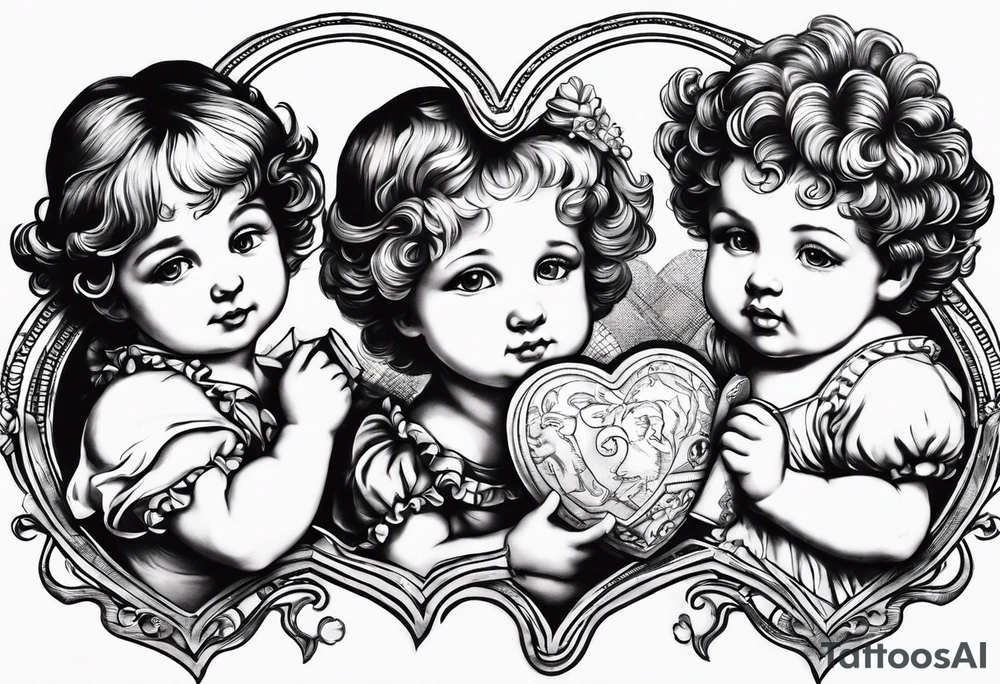 3 cherubs that look realistic, not cartoony. one of them is a girl holding a balloon, one is a boy holding a money bag, one is a girl hugging a heart tattoo idea