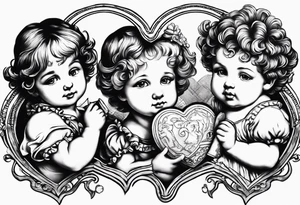 3 cherubs that look realistic, not cartoony. one of them is a girl holding a balloon, one is a boy holding a money bag, one is a girl hugging a heart tattoo idea