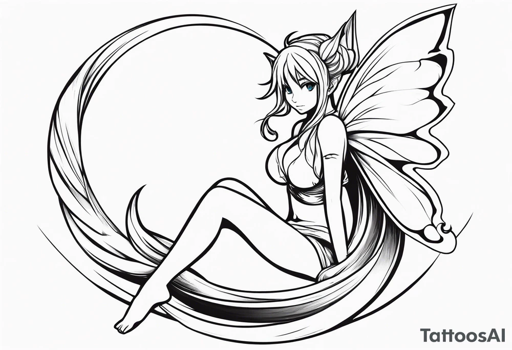 A fairy with a tail inspired by the logo of the anime show called Fairy Tail in a fetal position leaning in tattoo idea