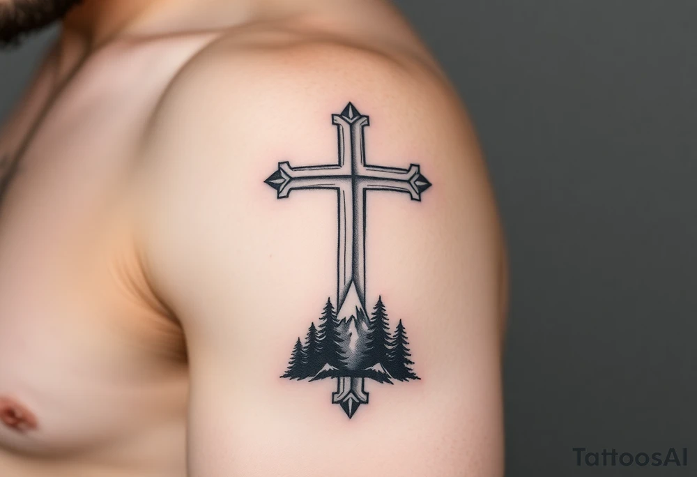 russian orthodox cross with the diagonal line at the bottom with a light forrest with a light mountainous setting tattoo idea