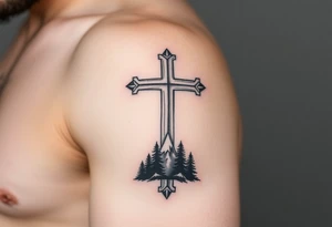 russian orthodox cross with the diagonal line at the bottom with a light forrest with a light mountainous setting tattoo idea
