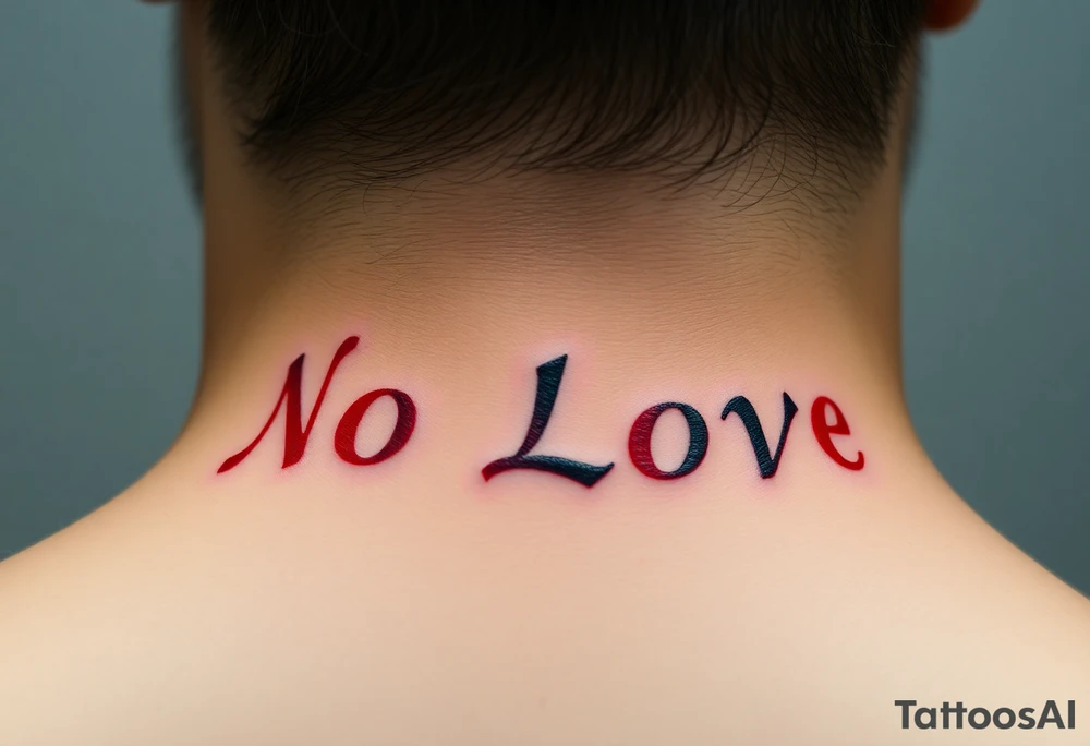 Red and black letters spell the word NO LOVE tattoo idea