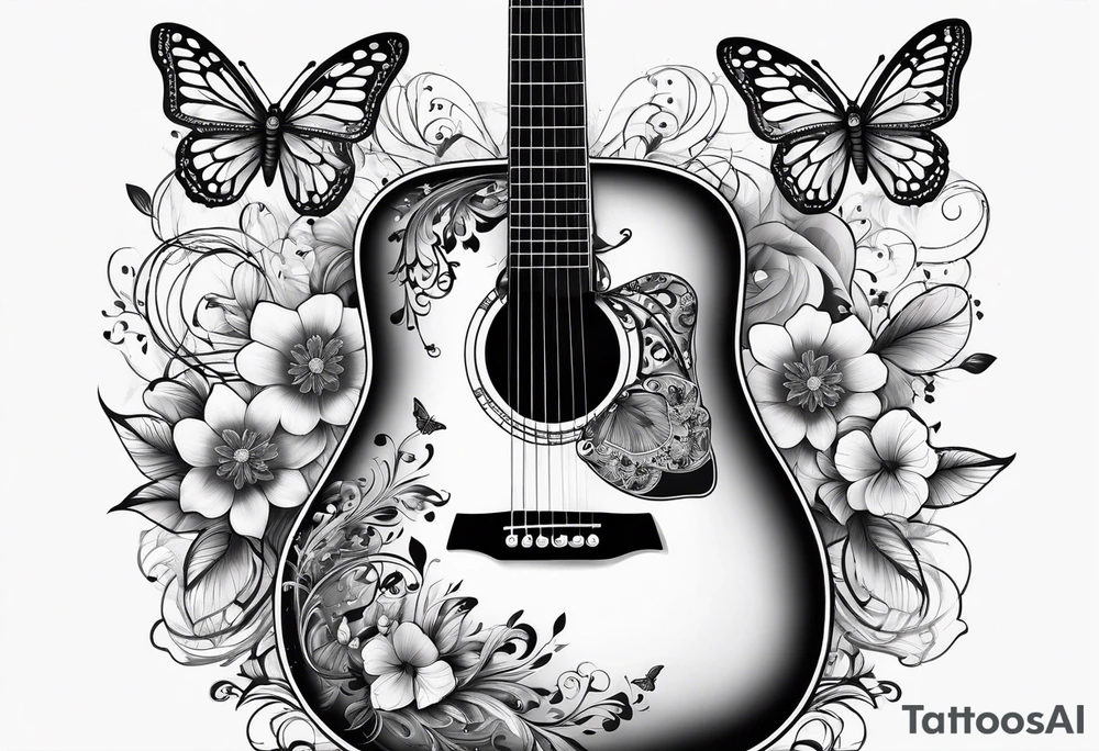 Whole electric acoustic Guitar with flowers growing off the side, butterflies tattoo idea