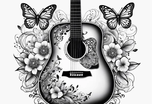 Whole electric acoustic Guitar with flowers growing off the side, butterflies tattoo idea