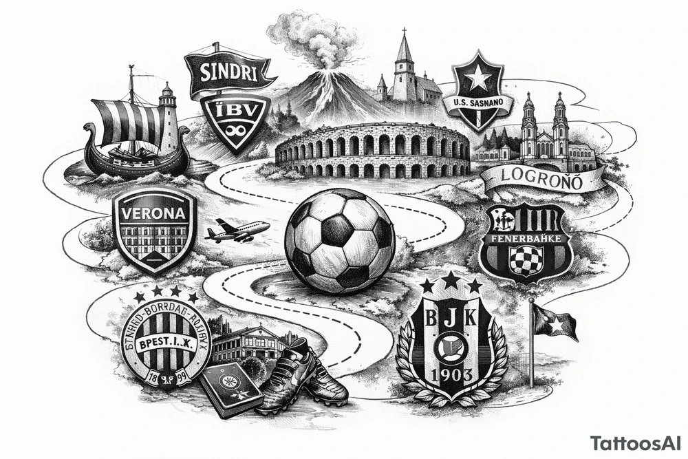 Iceland x3 (sindri, ibv, stjarnan) Italy x2 (Verona, Sassuolo) Spain (Logrono) Turkey x2 (Fenerbahce, Besiktas) Hungary (Fradi) France (Bordeaux) Something to do with football journey, Fine line surreal style tattoo idea