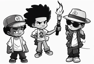 huey and riley from the boondocks, cartoon tv, huey holding a torch with his fist up and riley holding a gun tattoo idea