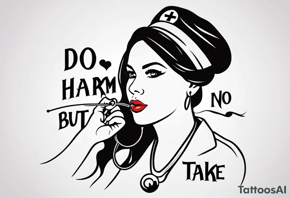 “Do no harm but take no shit” in calligraphy with middle finger and stethoscope for nurse tattoo idea