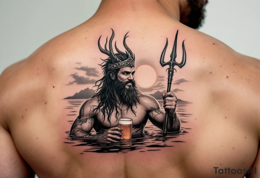 young, happy, fit poseidon in calm water, holding a trident, drinking a beer, with sunset tattoo idea