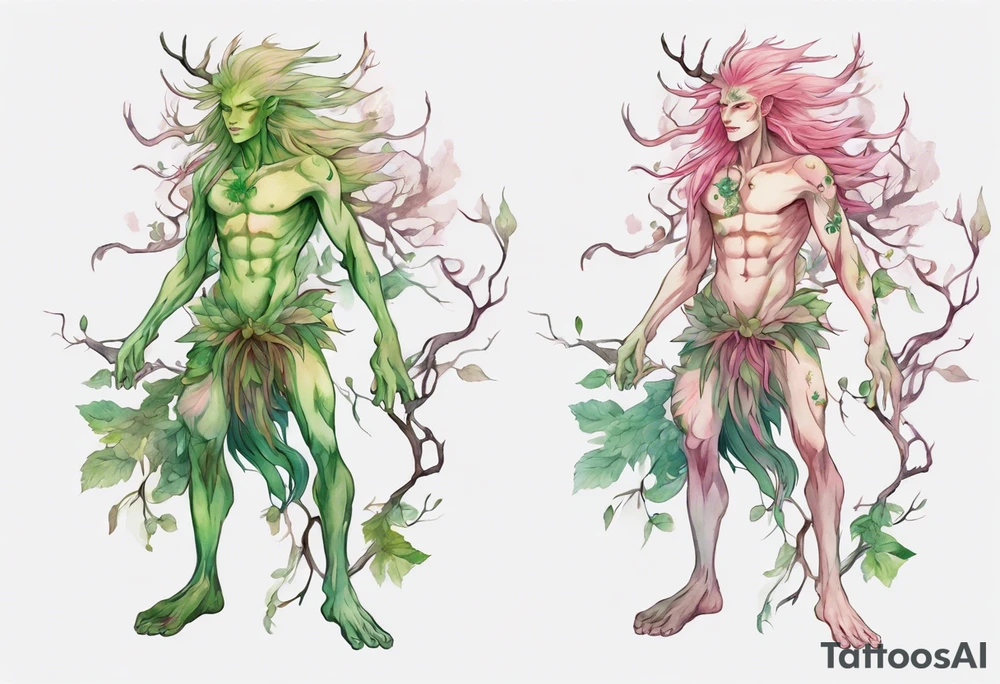 a slender and beautiful male dryad with green skin and long pink hair and roots instead of feet tattoo idea
