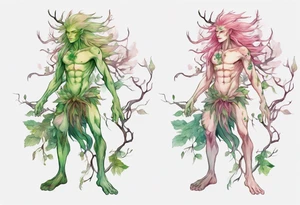 a slender and beautiful male dryad with green skin and long pink hair and roots instead of feet tattoo idea