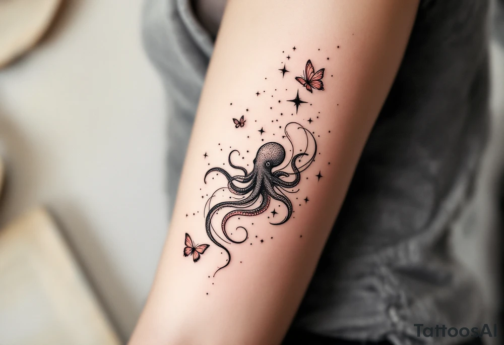 A minimalist dotwork tattoo design in the shape of a spiral galaxy. In the center, a small octopus is subtly integrated into the swirl, with flowing tentacles that extend along the spiral arms. The tentacles transform into elegant, curving lines resembling the flowing tails of koi or betta fish, partially in black ink and partially in fine red lines. Small stars are scattered throughout the galaxy shape, and two delicate butterflies hover near the edges. cosmic abstraction style, dotwork, fine line, with elements of Japanese graphic tattoo flow, minimalist octopus tattoo idea