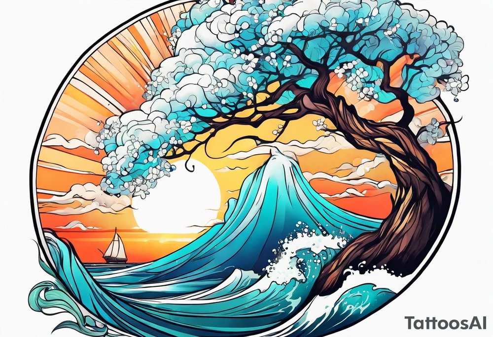 ocean sunrise sleeve tattoo idea
