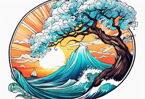 ocean sunrise sleeve tattoo idea