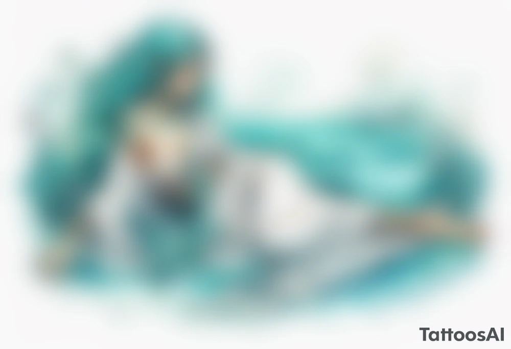 A beautiful undine with turquois scales wearing a white robe, laying on the shore tattoo idea