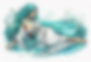 A beautiful undine with turquois scales wearing a white robe, laying on the shore tattoo idea